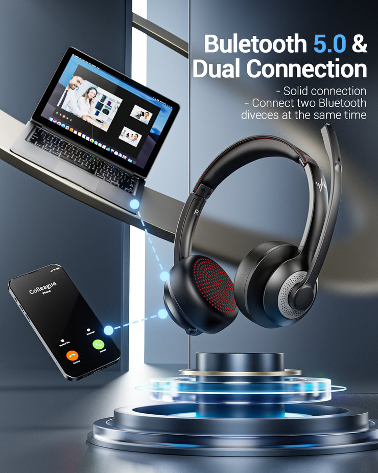 JIAMQISHI Work Wireless Headset with Microphone - Bluetooth V5.2 Headphones with USB Dongle & Mic Mute for Computer/Laptop/PC/iPhone/Android/Cell Phones/Zoom/Ms Teams/Skype - Wireless Headphones
