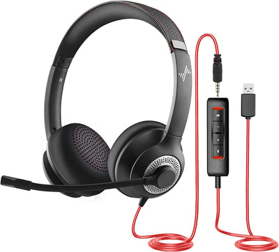 USB Headset with Mic for PC, Over-Ear Computer Laptop Headphones with Noise Cancelling Microphone in-line Control for Home Office Online Class Skype Zoom