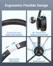 JIAMQISHI Bluetooth Headset with Microphone Wireless Headphones ENC Noise Cancelling Microphone Over-Ear Bluetooth V5.0 Headphone for Computer/Laptop/iPhone/Android/Cell Phones/Zoom/Ms Teams/Skype
