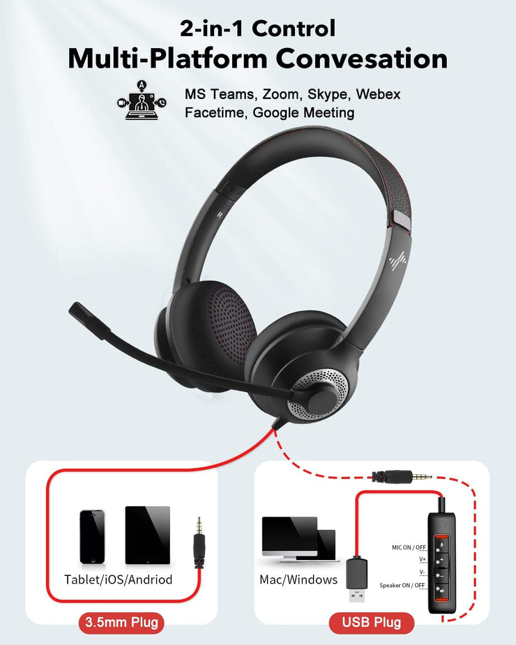 USB Headset with Mic for PC, Over-Ear Computer Laptop Headphones with Noise Cancelling Microphone in-line Control for Home Office Online Class Skype Zoom